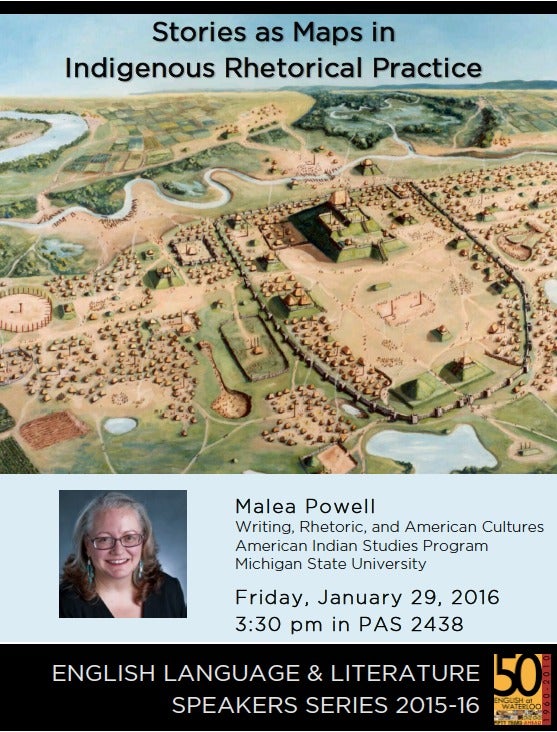 The Powell talk poster, showing an aerial view of an indigenous village.