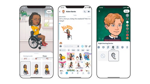 Three smartphone screens detailing elements of the Bitmoji app ecosystem.