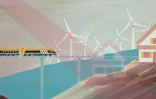 A stylized electric train drives past wind turbines.