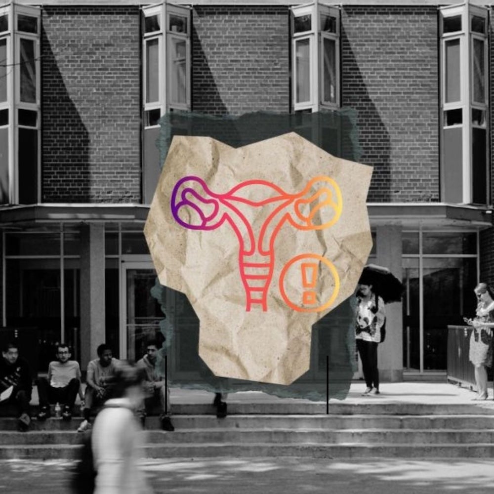 An illustration of a female reproductive system on a piece of paper superimposed on a campus building.
