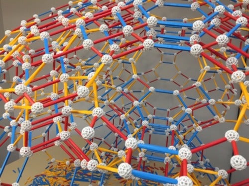 An omnitruncated dodecaplex, made up of Zometool connecting toys.