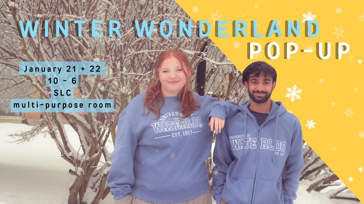 Winterland Wonderland Pop-Up banner featuring two people wearing UW-branded outfits.
