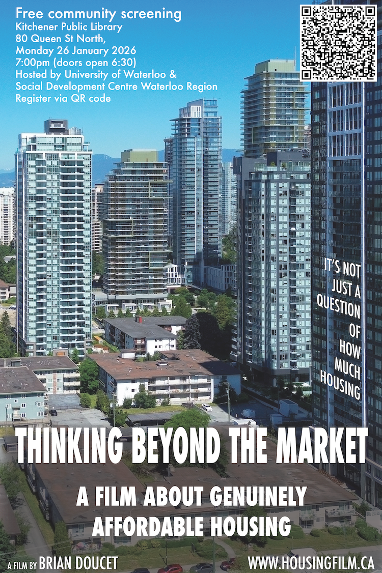 "Thinking Beyond the Market" poster featuring highrises in downtown Kitchener.