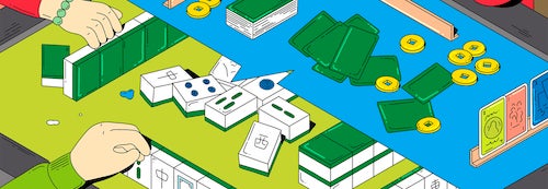 A stylized illustration of a mah-jong style board game.