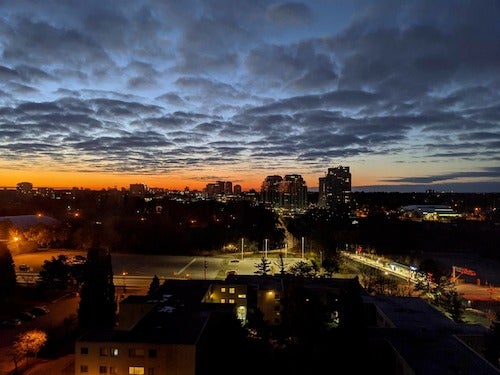 A view of the Waterloo skyline at sunset, or maybe sunrise.