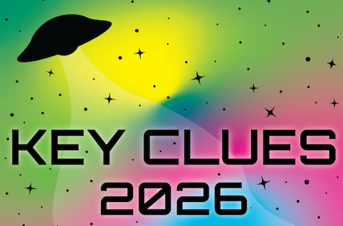Key Clues 2026 banner featuring a UFO.