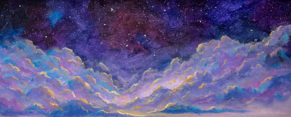 A painting of clouds in the sky along with stars.