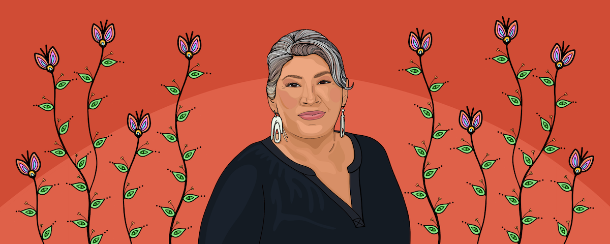 An illustration of Kim TallBear flanked by flowers done in traditional Woodland art style.