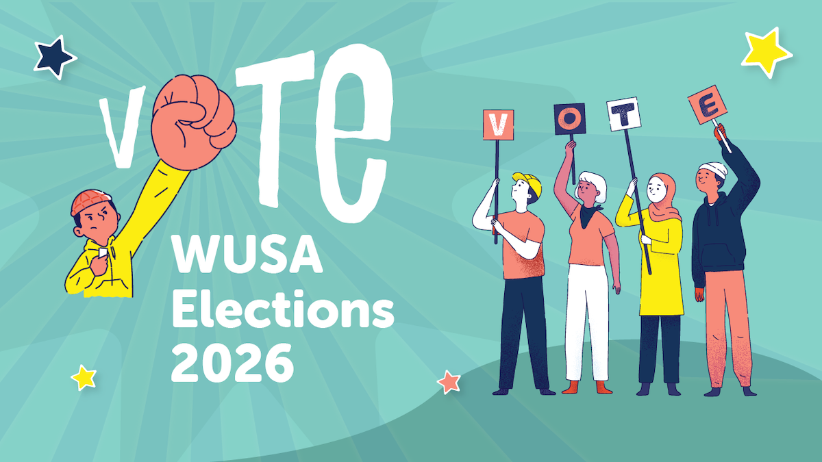 WUSA Elections 2026 banner featuring diverse people holding up "vote" signs.