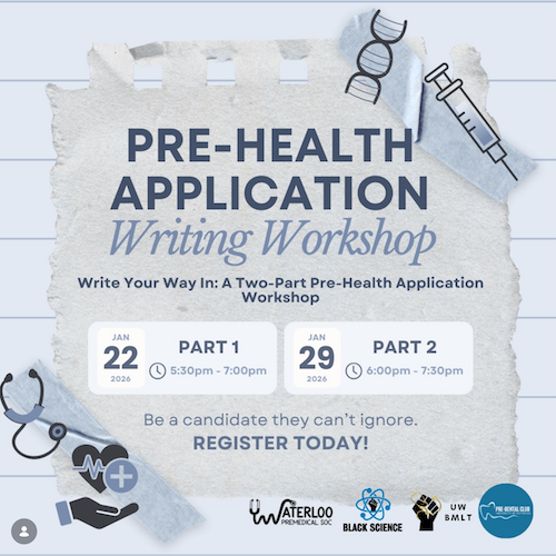pre-health application writing workshop banner featuring stethoscopes, heart monitor, needles, etc.