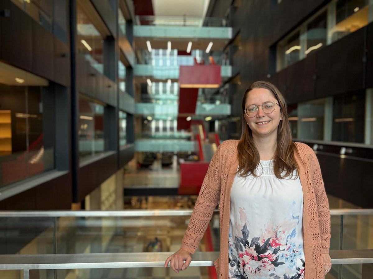 Dr. Valerie Ward stands in the Pearl Sullivan Engineering Building atrium.