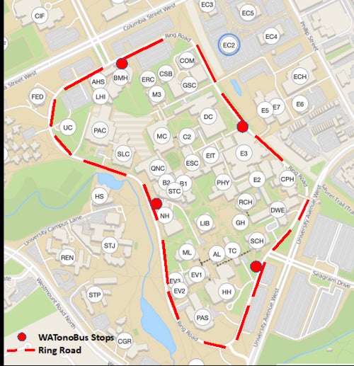 A map of the University's ring road showing the WatonoBus stops.