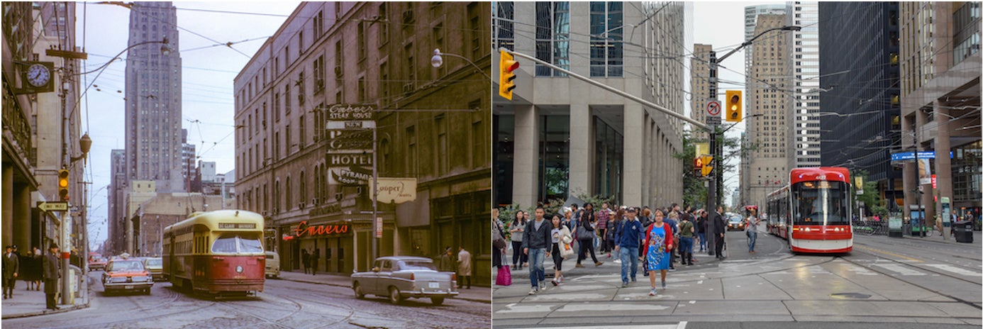 Two photos at the intersection of King and York streets in Toronto, one taken in 1966 and the other in 2019. Both shots contain streetcars.