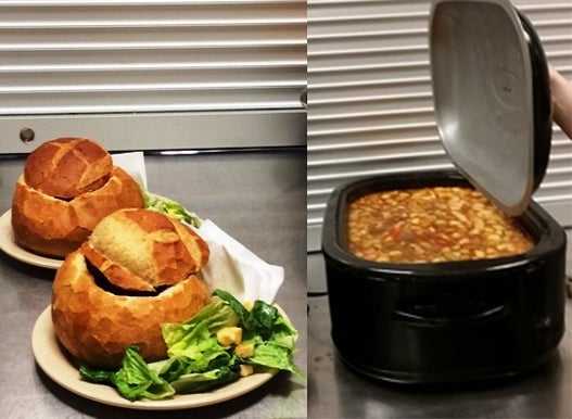 Bread bowls, Caesar salad and stew.