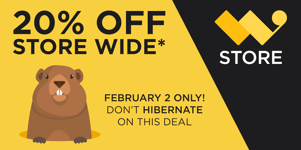 A cartoon groundhog and a 20% off banner.