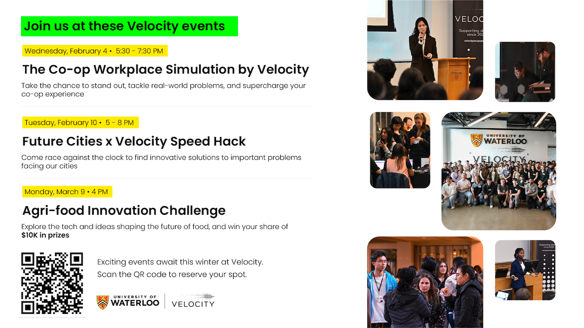 A banner outlining upcoming Velocity events in March with a QR code.