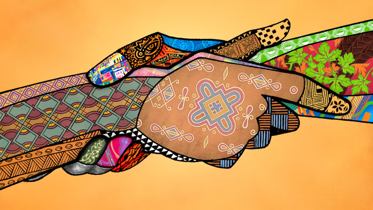 An illustration of two shaking hands decorated in African and Caribbean cultural markings.