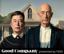 Elon Musk and Jeff Bezos in the style of Grand Wood's "American Gothic" painting.