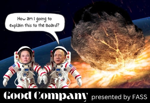 FASS 2024 "Good Company" banner featuring Elon Musk and Jeff Bezos in spacesuits as an asteroid collides with Earth behind them.