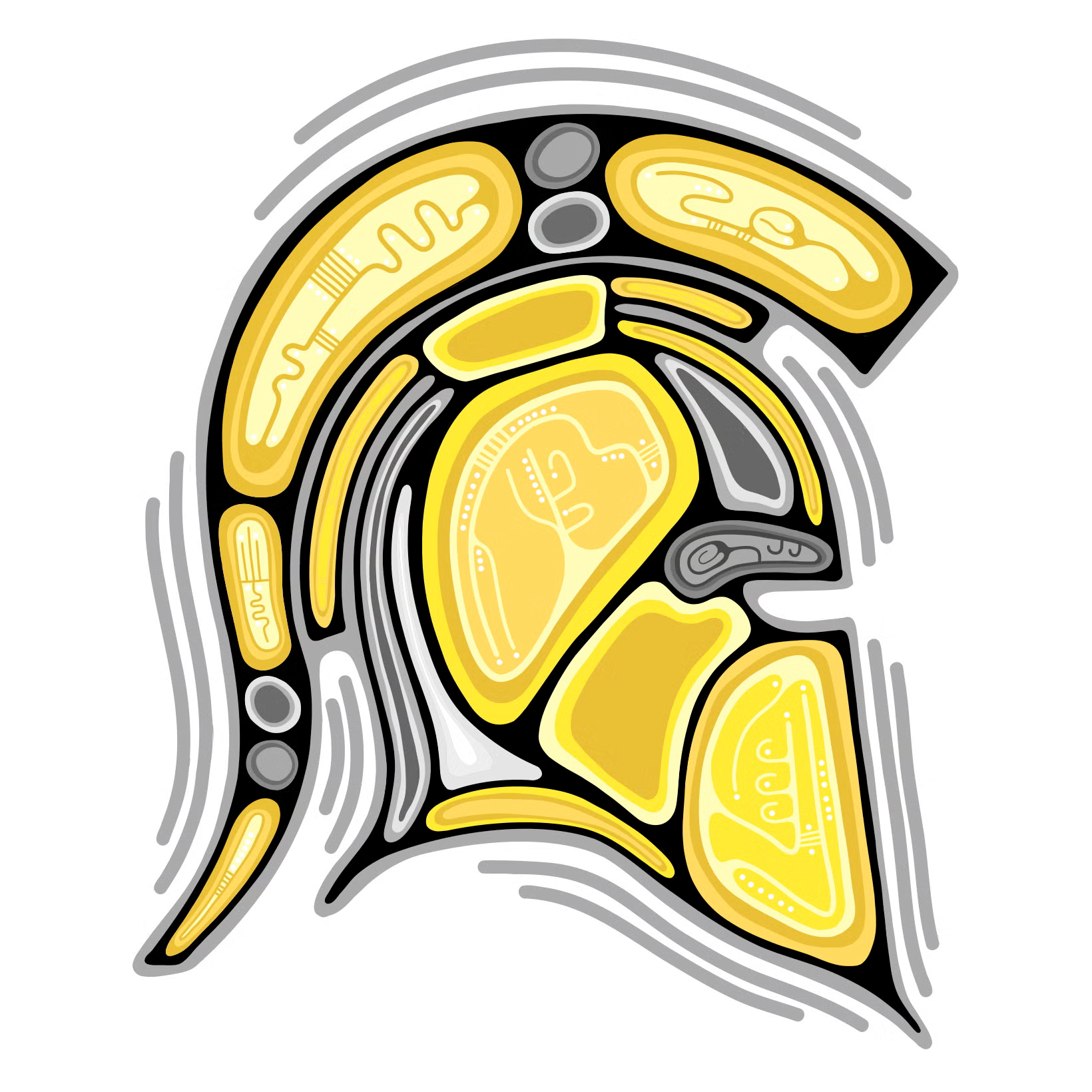 The Indigenous Waterloo Warriors logo - the helmet in profile in a Woodland Arts style.
