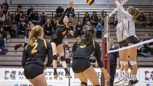 The Waterloo Warriors Women's Volleyball team plays a game.