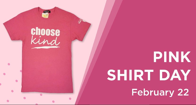 Pink Shirt Day banner featuring a shirt that says "Choose Kind."