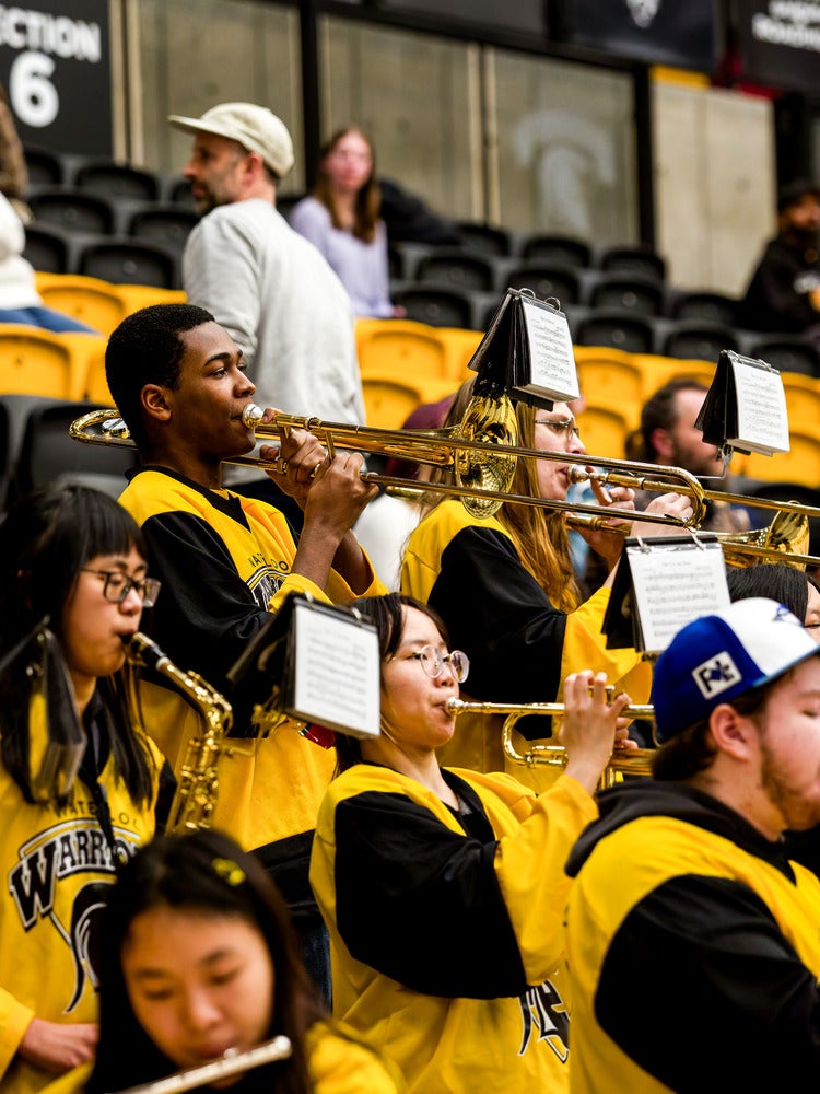 Members of the Waterloo band blast a tune at Fantastic Alumni Day.