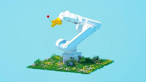 An illustration of an industrial robot with a flower in its 'hand'