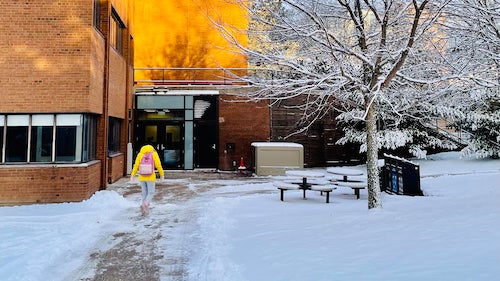 A student walks towards a campus building in wintertime.