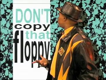 The "Disc Protector" rapper showing the title of the campaign during the rap portion of the "Don't copy that floppy" advertisment