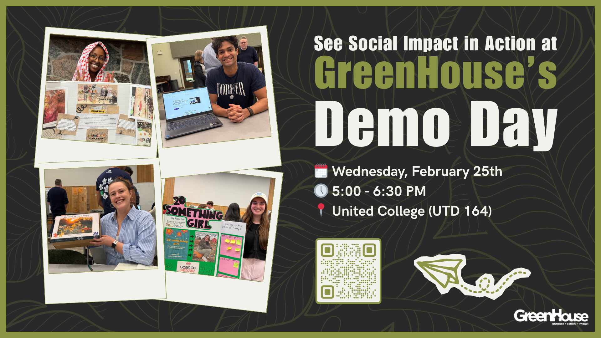 A banner featuring various polaroids of students which reads GreenHouse Demo Day