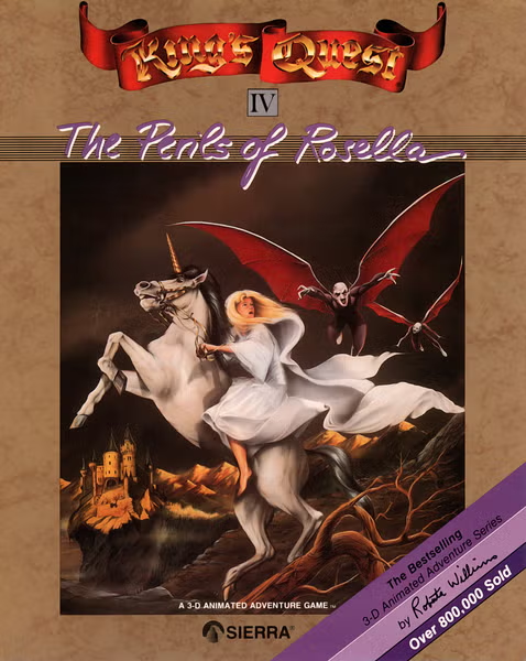 The game box for Kings Quest IV, showing a woman riding a unicorn.
