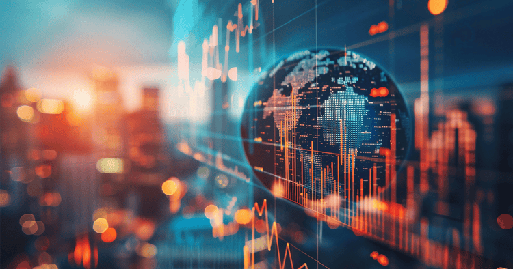 A digital globe overlaid with data visualizations symbolizes Canada–India collaboration on AI and its impact on the future of work and the global economy.