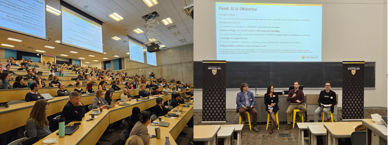 A collage showing the audience and panelists at the AI Discovery Day event.