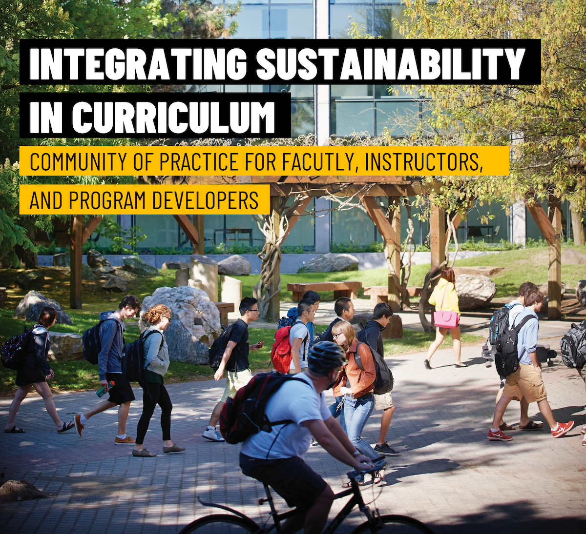 Integrating Sustainability in Curriculum banner featuring students walking and biking on a pathway.