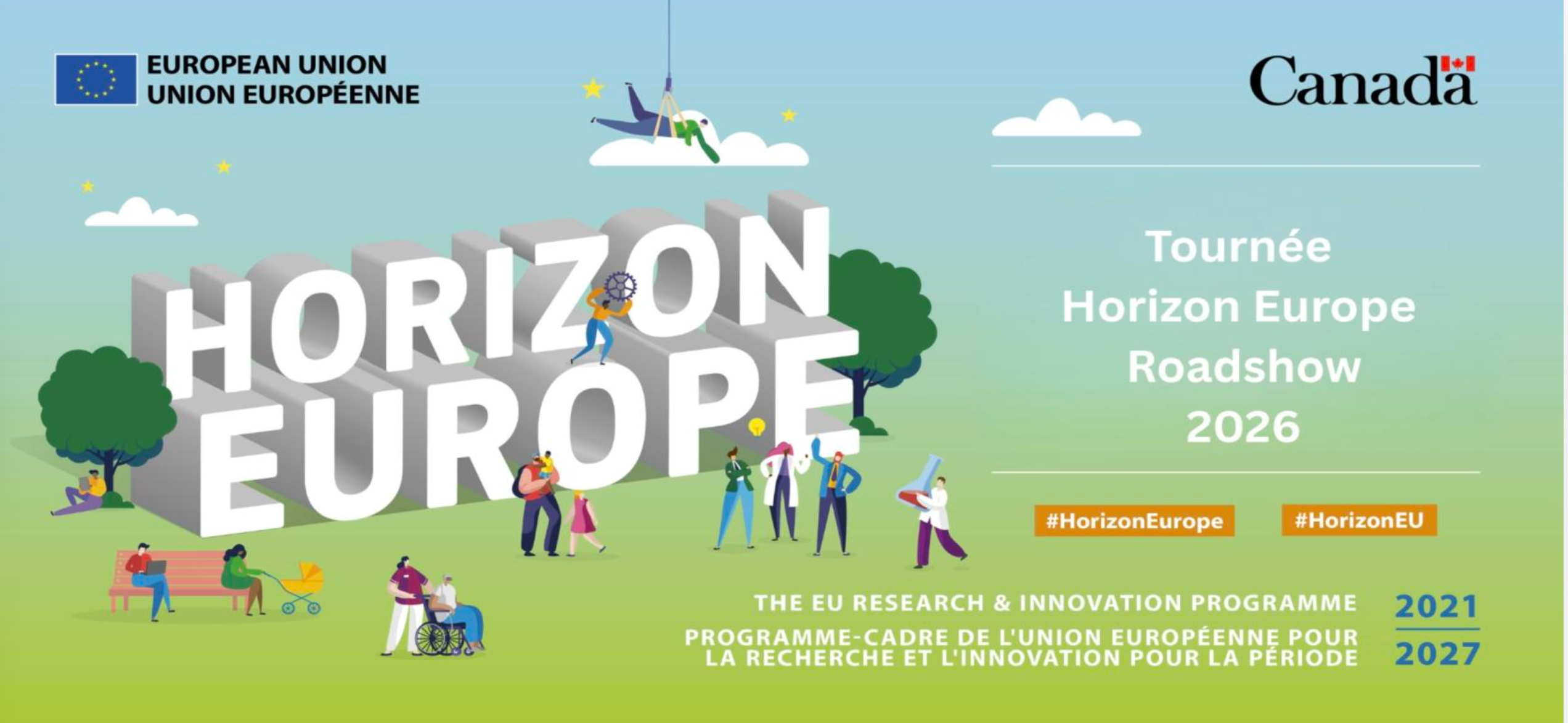 Horizon Europe roadshow graphic featuring clouds in sky and trees on the ground.