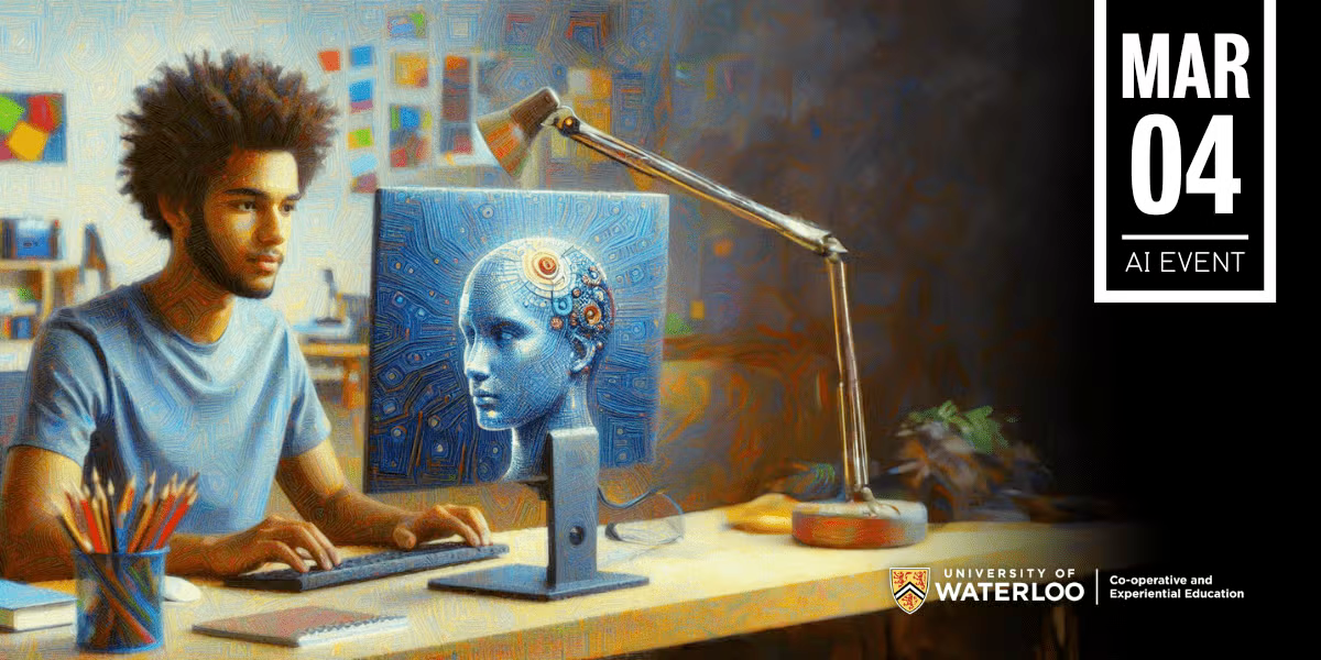 March 4 AI event banner featuring an illustration of a man working at a computer - the monitor has a humanoid robot's head on the back.