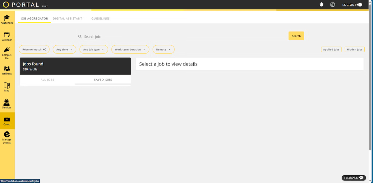 General home screen for Job Aggregator Digital Assistant (JADA), the new AI-powered tool on the Waterloo Portal website.