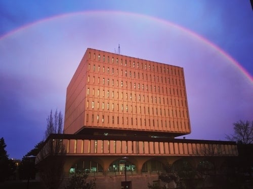 A rainbow in the sky over the Dana Porter Library.