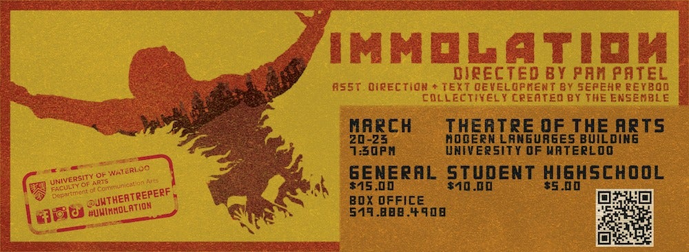 Immolation banner featuring a silhouette of a person with arms outstretched as flames burn against a ruined cityscape.