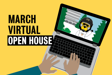 March Virtual Open House graphic showing a person using a laptop.