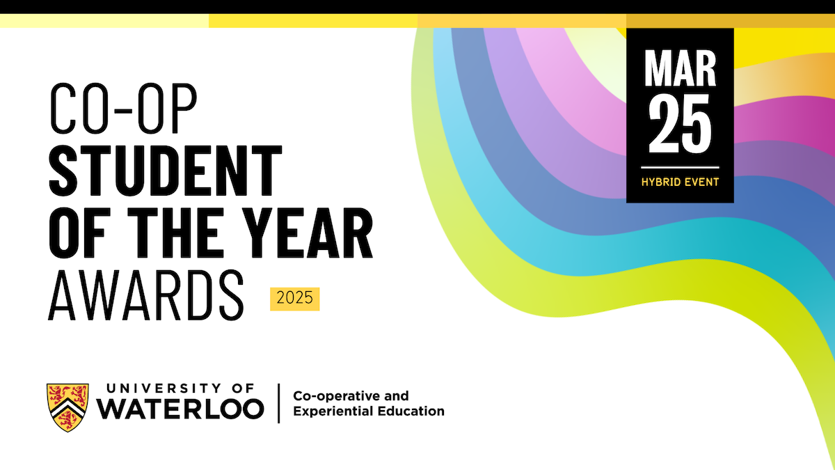 Co-op Student of the Year Awards banner featuring a rainbow of faculty colours.