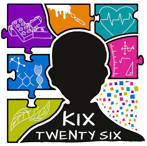The logo for KIX 2026 with the silloulette of a head in the middle and puzzle pieces of 6 different colours. 