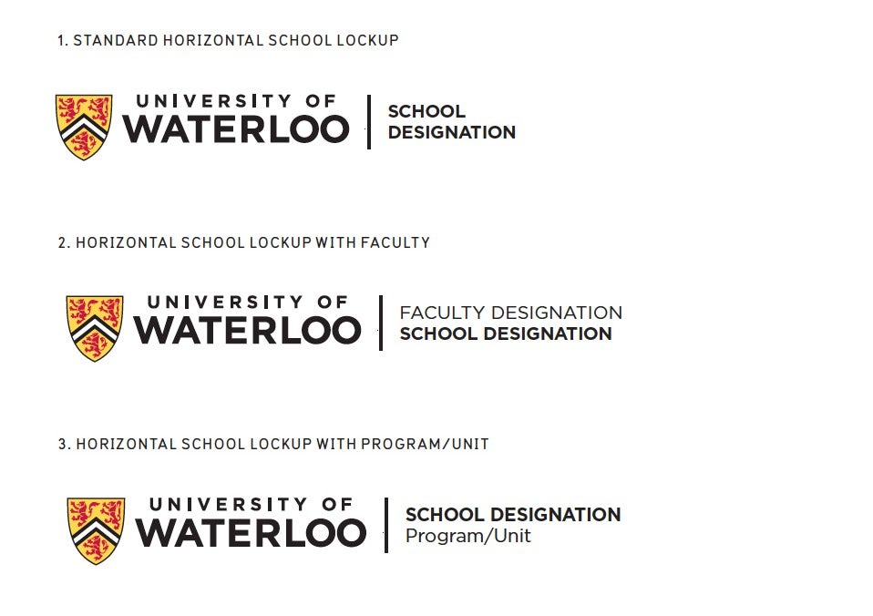 Image showing three use cases for the University's updated logo architecture.