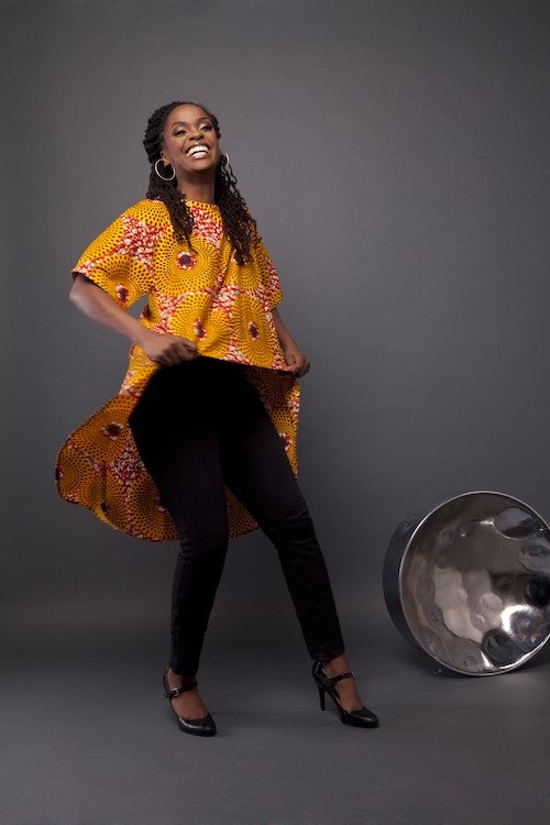 Musician Joy Lapps with a steel drum.