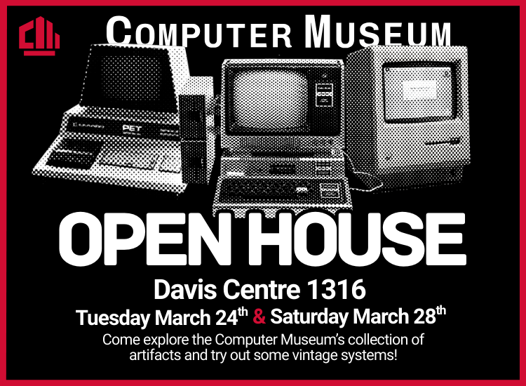 Computer Museum open house poster featuring three vintage personal computers.