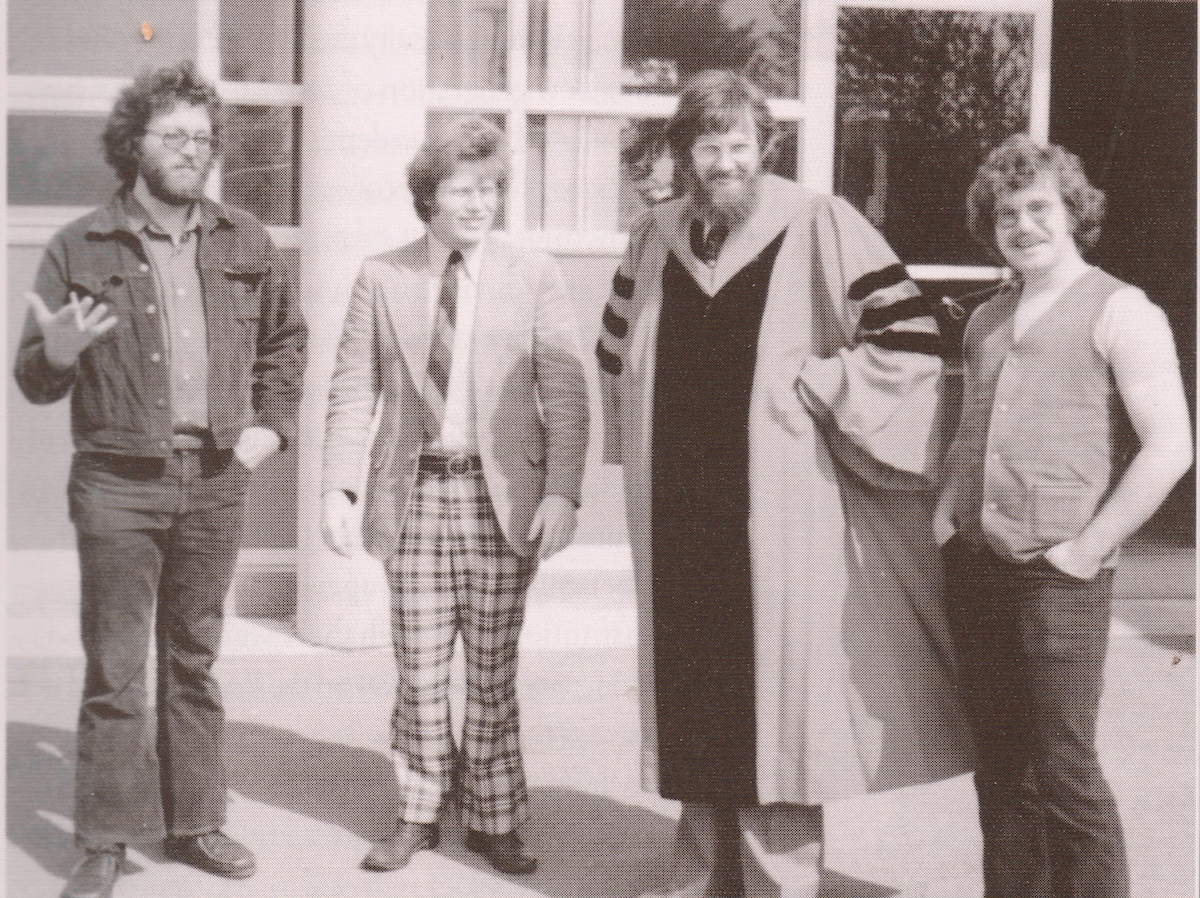 Bob Lauhue, Michael Bird, Darrol Bryant, and Michael Smyth at convocation in 1976.
