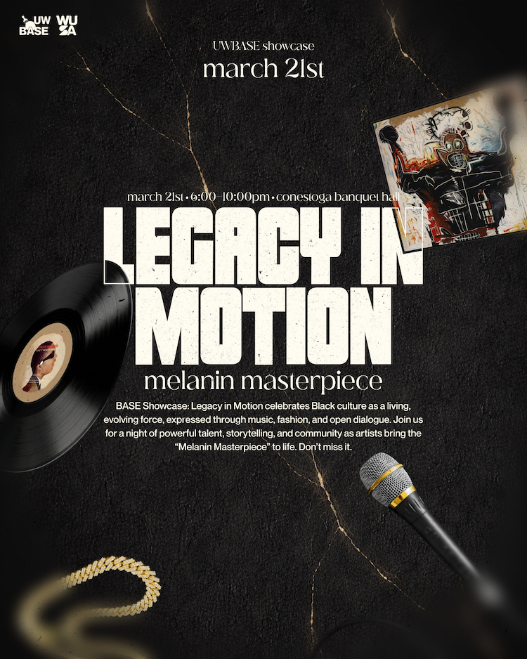 Legacy in Motion poster featuring vinyl record, microphone, gold necklace.