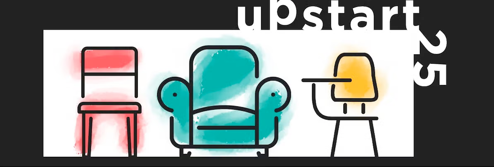 UpStart 25 logo featuring illustrations of three kinds of chairs.