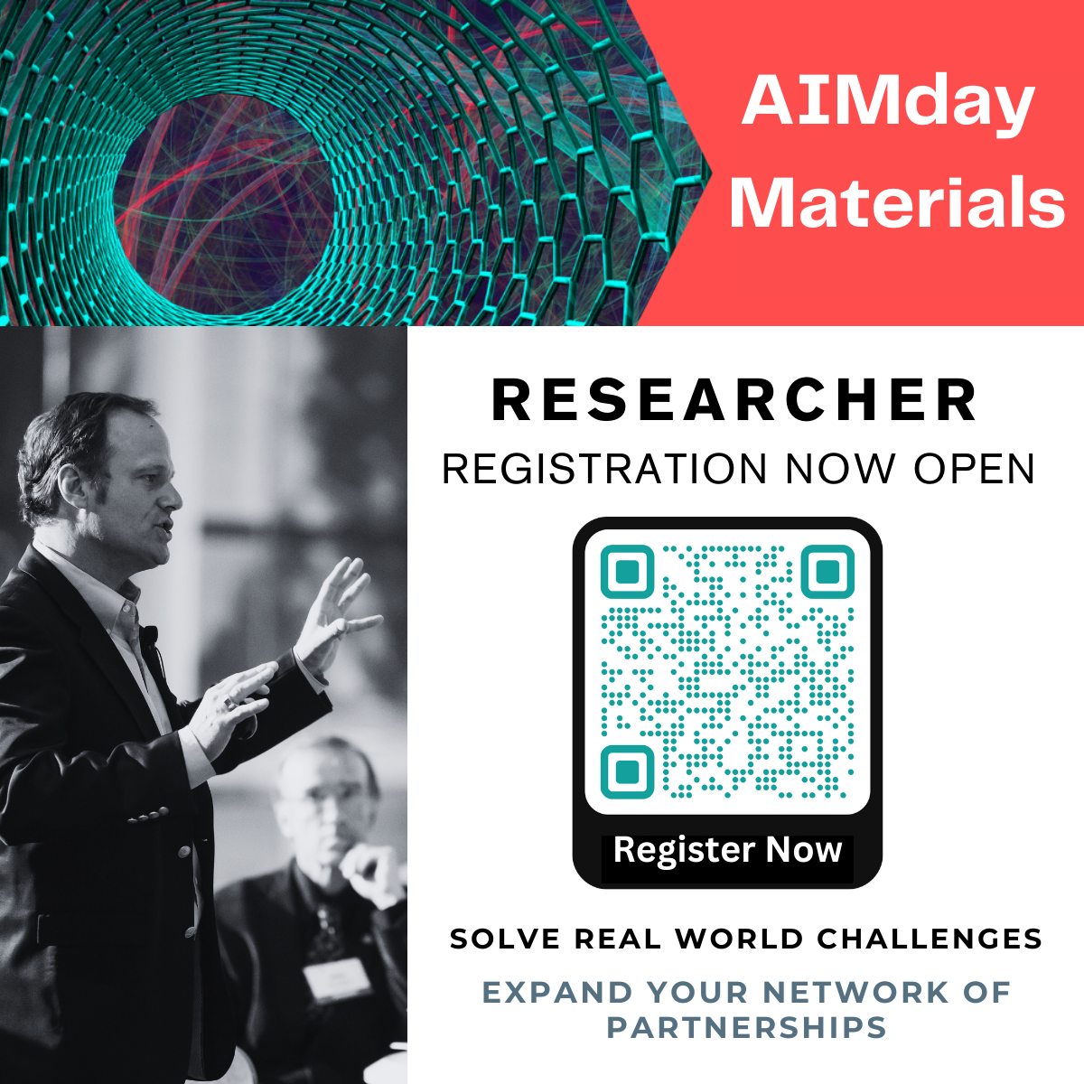 AIMday Materials banner featuring a research and a QR code.